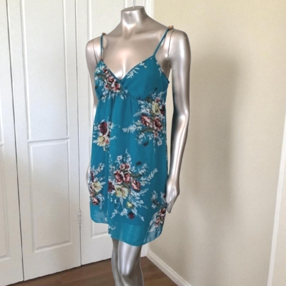 Y2K Rue21 Floral Slip Dress Teal Sheer Mini‎ Spaghetti Strap 90s 2000s